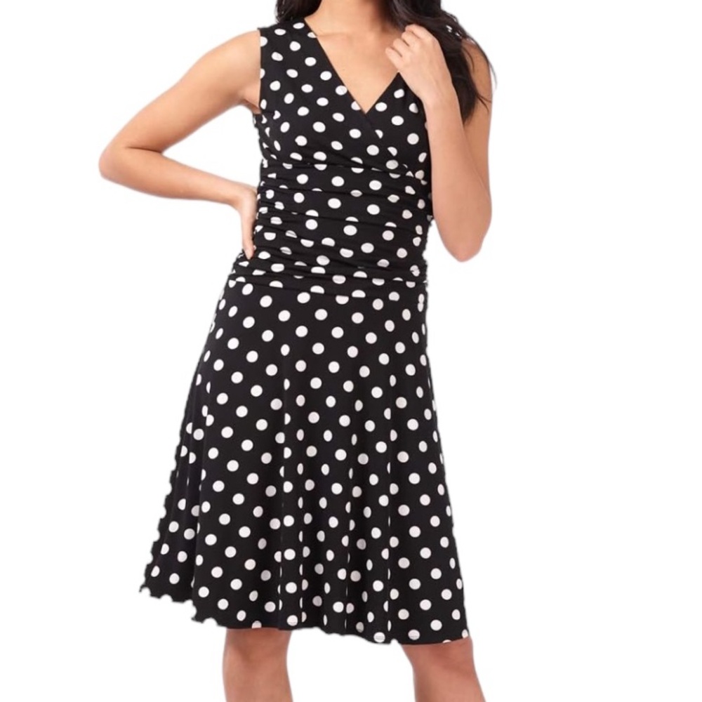 Lauren Black Polka Dot Ruched Dress Women's 6